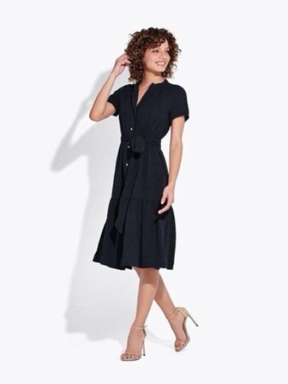 AYR Black Short-Sleeve Button-Front Gauze Midi Dress Waist Tie Kate